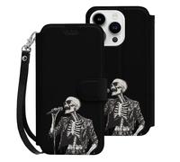 Rock N'roll Skeleton Cell Phone Flip Leather Case Classic Protection Compatible with iPhone 15/15 Plus/15 Pro/15 Pro Max