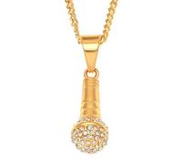 Rock Punk Mini Microphone Necklace & Pendant Men/Women Stainless Steel Gold-color Rhinestone Hip Hop Necklace