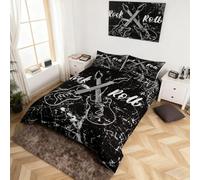 Rock Roll Music Bedding Set Single Size,Guitar Instrument Duvet Cover for Kids Boys Bed Comforter Cover Set,Retro Abstract Graffiti Bedding Quilt Cover Set Decorative 2 Pieces