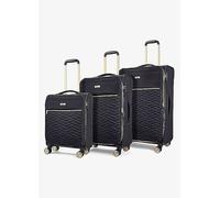 Rock Sloane Set of 3 Expandable Soft Shell Suitcases in Black - Signature London Styling, 360 Swivel-Wheels, Telescopic Handle, Stylish Gold Accents & TSA Combination Lock - Small, Medium & Large