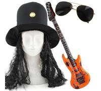 Rock Star Costume Set - Black Top Hat with Attached Hair, Sunglasses & Inflatable Guitar - Funny Fancy Dress for 80s Rock Parties, Stag Dos & Festivals