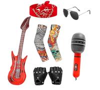 Rock Star Fancy Dress Kids, 8-Piece Rockstar Costume Set with Inflatable Guitar and Microphone, Glam Rock Fancy Dress for Music Parties and Halloween