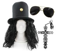 Rock Star Fancy Dress Set - Hat with Attached Hair, Relaxed Afro Wig, Silver Cross Necklace & Sunglasses - 80s Costume for Stag Dos, Gigs & Parties