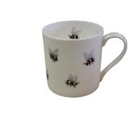 Rock the Home Larger Sized Bees Straight Sided Mug - White Fine English Bone China Cup, Made and Hand Decorated in England, Dishwasher Microwave Safe, for Coffee Tea Latte Americano (12 fl oz, 357 ml)