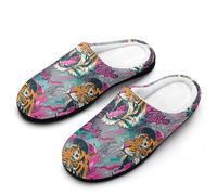 Rock Tiger Head Graffiti Slippers Women Winter Warm Cotton Hotel Slippers Anti-Slip Indoor Slip-Ons House Shoes 11-12（42-43）