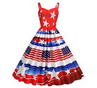 Rockabilly Dresses for Women: 50s Dresses for Women UK - Women 1950s Dresses Vintage Rockabilly Halter Neck Summer Swing A Line Midi Dress Cocktail Party Evening Prom Gown Red & Flag XL