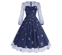 Rockabilly Dresses for Women UK Long Sleeve Dresses for Women UK Party Wear Rockabilly Evening Hepburn Style Lace Stitching A-Line Cocktail Over 50S Plus Size