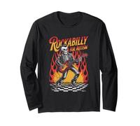 Rockabilly for Autism Skeleton with Bass Flames Retro Vibe Long Sleeve T-Shirt