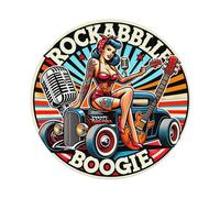 Rockabilly Pinup Girl Guitar Car Microphone Sunburst Background Round Vintage Tin Sign,Retro Wall Art,Metal Poster for Home, Bar, Garage, Cafe, Rustic Indoor & Outdoor Decor, 8x8 Inches