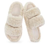 RockDove Women’s Pluffie Slippers with Arch Support & Memory Foam, Cozy Faux Fur Open Toe House Shoes, Gift-Ready Indoor Outdoor Comfort, Size 7/8 UK Women, Beige