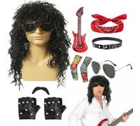 Rocker Costume - Halloween Costume Set, Punk Clothing Kit, 10 Pieces Metal Rock Outfit, Wig, Sunglasses, Gloves, Beard Guitars, Props with Headband and Sleeves for Men, Masquerade Party or Party