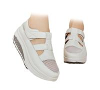 Rocker Sole Shoes for Women, Wide Fit Orthopedic Sneakers Leather Hollow Mesh Soft Sole Slip-On Lightweight Platform Sandals (White,37EU)