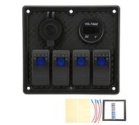 Rocker Switch Panel 4 Gang Dual USB Fast Charging Voltmeter Display Universal for Car RV Yacht Truck Marine Vehicle Electrical Control (Blue)