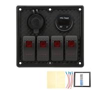 Rocker Switch Panel 4 Gang Dual USB Fast Charging Voltmeter Display Universal for Car RV Yacht Truck Marine Vehicle Electrical Control (Bred)