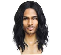 Rocker Wig, Wavy Middle Length Retro Rock Messy High Temperature Silk Mens Wigs Realistic for Halloween Costume Party, Black, 12-14 inch Mullet Wigs for Men
