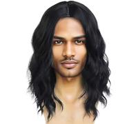Rocker Wig, Wavy Middle Length Retro Rock Messy High Temperature Silk Mens Wigs Realistic for Halloween Costume Party, Black, 12-14 inch, Xmas Decorations