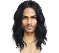Rocker Wig, Wavy Middle Length Retro Rock Messy High Temperature Silk Mens Wigs Realistic for Halloween Costume Party, Black, 12-14 inch