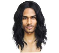 Rocker Wig, Wavy Middle Length Retro Rock Messy High Temperature Silk Mens Wigs Realistic for Halloween Costume Party, Black, 12-14 inch Men Wigs