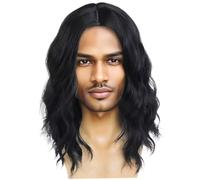 Rocker Wig, Wavy Middle Length Retro Rock Messy High Temperature Silk Mens Wigs Realistic for Halloween Costume Party, Black, 12-14 inch, Hair Extensions