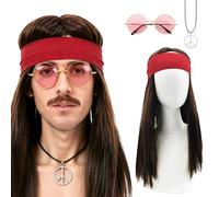 Rocker Wigs Costume 80s Rock Heavy Metal with 3pcs Bandanas Wig, Gloves, Sunglasses Costumes for Men's