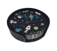 Rocket and Planet Coaster Fun Cartoon Patterns Circular Leather Coasters with Brackets