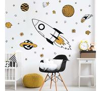 Rocket and Stars Wall Stickers for Kids Bedroom - Space Wall Stickers with Rocket, Planets & Stars - Removable Vinyl Wall Decals - 3 Colour Options - Made in UK