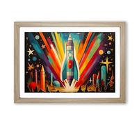 Rocket Art Deco Framed Print | A2 Oak Framed Wall Art | Ready to Hang | Art Deco Nature Picture | Living Room Bedroom Lounge Office