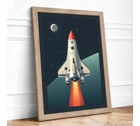 Rocket Ascent Retro Framed Wall Art Print A2 (59.4×42cm) Oak, Wall Decor for Living Room, Bedroom, Office & Home, Ready to Hang, Art Gift