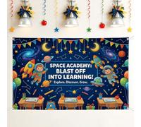 Rocket Backdrop, Educational Themed Astronaut Planet Learning Blue Photography Backdrop for Family Gathering Celebration Photo Shoot 71x43 Inch