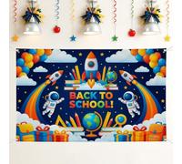 Rocket Backdrop, Playful Colorful Astronaut Globe Back to Campus Blue Decorations Backdrops for Home Room Wall Celebration Display Decor 71x43 Inch