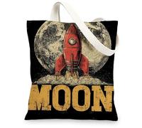 Rocket Canvas Tote Bags, Vintage Space Design Reusable Grocery Bags, Lightweight Washable Shoulder Strap Canvas Bags for Gy, Red, 13x15 Inch