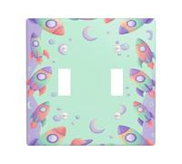 Rocket Double Light Switch Cover Plate, Fanciful Playful Planet Bubble Space Mint Plastic Standard Size Toggle Light Switch Cover for Living Room Bedroom Home Office Decor