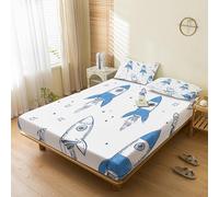Rocket Fitted Sheets King Size, with 2 Pillowcases - Blue White Outer Space Bed Sheets & Bedroom Decor & Gift, 30 cm Deep Pocket, Soft Brushed Microfiber Bedding - SWJ5206