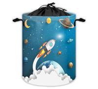 Rocket Flying Over The Earth Laundry Hampers With Drawstring Astronaut Laundry Baskets For Bathroom Galaxy Planet Portable Clothes Storage Organizer Basket Paper Art W 44 L 44 Cm