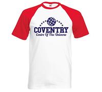 Rocket Fuel 'Coventry - Centre of The Universe' Mens Funny Printed Baseball T-Shirt - White/Red - Large