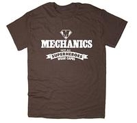 Rocket Fuel 'Mechanics - Not All Superheroes Wear Capes' Mens Funny Printed T-Shirt - Brown - XL
