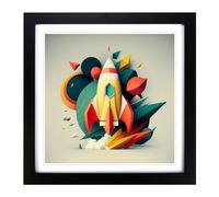 Rocket Geometric Framed Print | 18x18 Inch Black Framed Wall Art | Ready to Hang | Modern Fantasy Picture | Living Room Bedroom Lounge Office