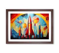 Rocket Geometric No.3 Framed Print | A2 Walnut Framed Wall Art | Ready to Hang | Modern Fantasy Picture | Living Room Bedroom Lounge Office