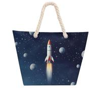 Rocket in Space Large Tote Bag for Women, Waterproof Durable Beach Bag with Hemp Rope Handle, Multifunctional Hemp Rope Shopping Bag for Beach Park Travel Work Daily Use