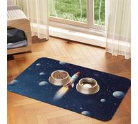 Rocket in Space Pet Feeding Mat Absorbent Pu Leather Dog Cat Food Mats Contain Spills Protects Floors, Anti-Slip Rubber Backing Dog Bowl Mats Easy Clean Pet Placemats 30x45cm