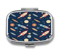 Rocket in Space Pill Box 2 Compartment Small Square Pills Case Portable for Pocket Pill Organizer Travel Metal Pill Holder for Office Home Vitamin Medicine Fish Oil
