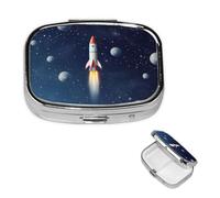Rocket in Space Pill Box 2 Compartments Square Pill Box Handbag Pocket Pill Box Portable Travel Pill Box Metal Medicine Vitamin Fish Oil Unique Gift