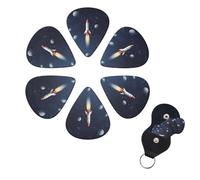 Rocket in Space Print Guitar Picks 6 Pack Guitar Plectrums with Pick Holders Bass Picks For Acoustic Guitar Bass Electric Ukulele Includes 0.46mm, 0.71mm, 0.96mm
