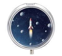 Rocket in Space Round Pills with 3 Compartments, Portable Travel Pill Organizer Box, Mini Metal Pill Holder and Vitamin Containers for Fish Oil and