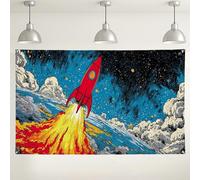 Rocket Launch Wall Backdrop, Vintage Space Theme Party Decorations, Colorful Indoor/Outdoor Photography Background for Kids Birthday Celebration 71x43 Inch
