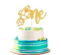 Rocket One Cake Topper - Gold Glitter Space 1st Birthday Party Supplies, First Rocket Baby 1st Birthday Cake Decoration, Celestial One Cake Topper