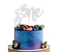 Rocket One Cake Topper - Silver Glitter Space 1st Birthday Party Supplies, First Rocket Baby 1st Birthday Cake Decoration, Celestial One Cake Topper