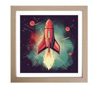 Rocket Retro Art Framed Print | 18x18 Inch Oak Framed Wall Art | Ready to Hang | Retro Nature Picture | Living Room Bedroom Lounge Office