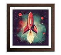 Rocket Retro Art Framed Print | 18x18 Inch Walnut Framed Wall Art | Ready to Hang | Retro Nature Picture | Living Room Bedroom Lounge Office