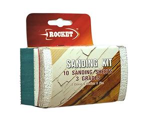 Rocket Sanding Sponge Block Kit With 10 Assorted Sandpaper Sheets - Coarse, Medium & Fine Grades - Dual Sided for Wood, Walls, Paint & Plaster
